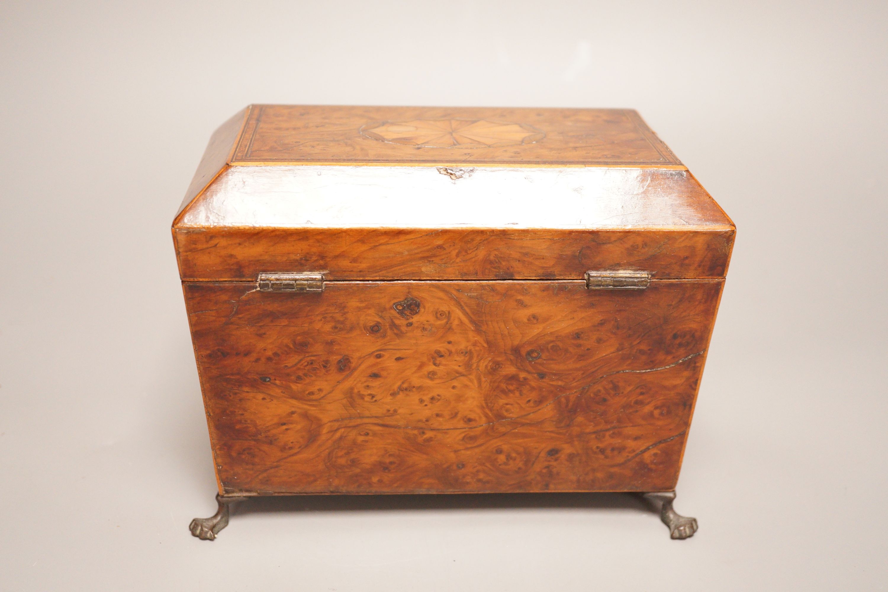 A Regency inlaid burr yew tea caddy, ivory escutcheon, 19cm foot to foot